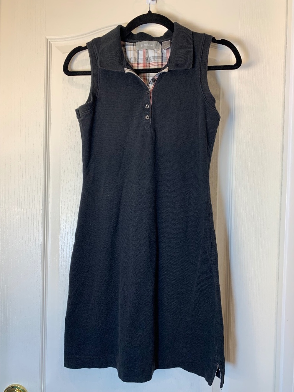 Liz Claiborne Petite Sleeveless Polo Dress Black Plaid Trim Stretch Cotton Size